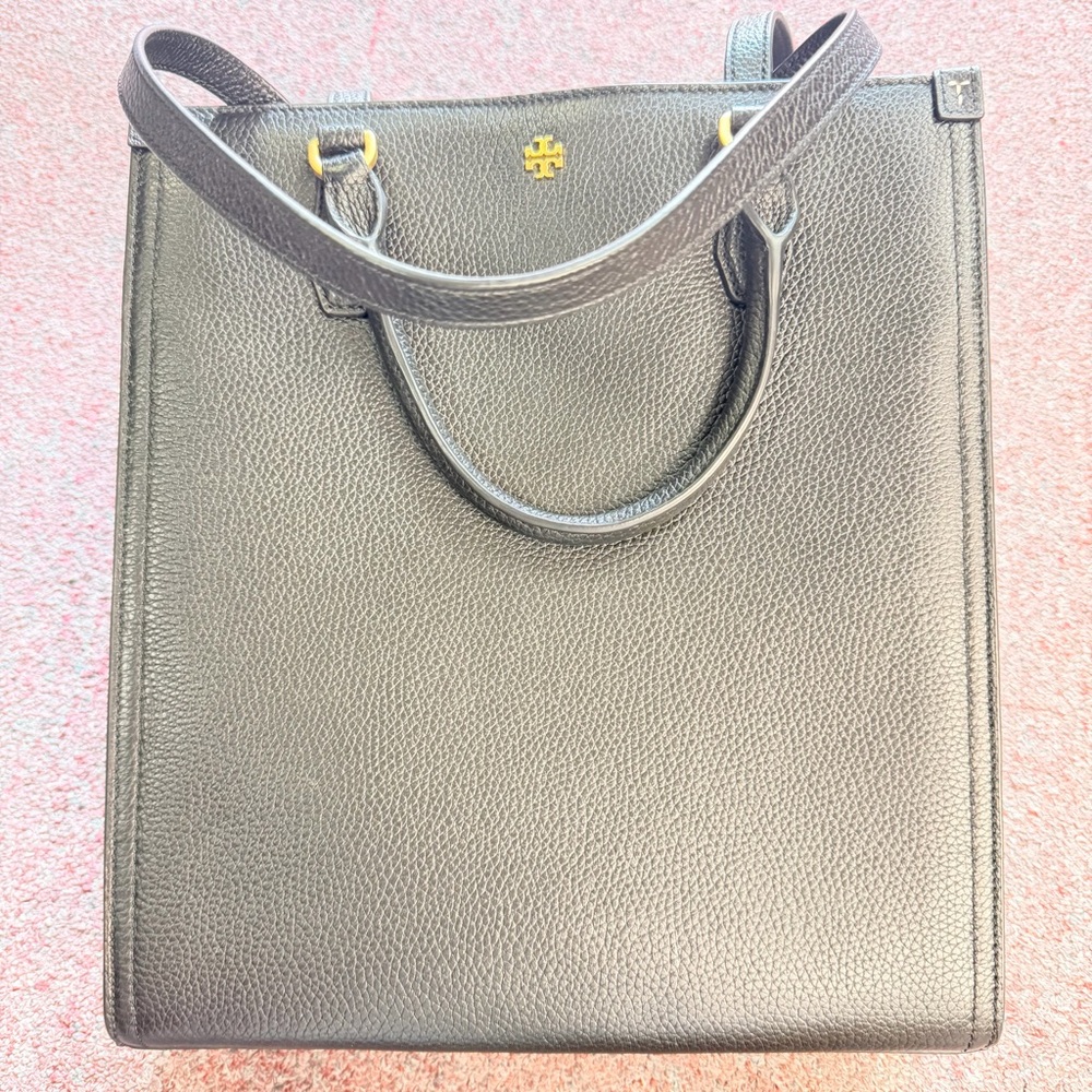 Tory Burch Black Pebbled Leather Tote with Gold Logo